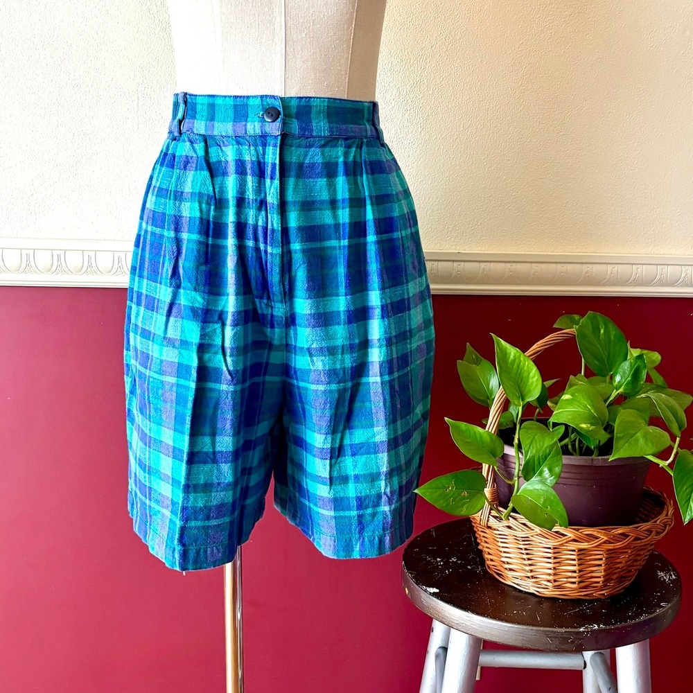 Vintage Christopher & Banks Blue Teal Plaid High Waist Cotton Shorts M 90s Mom